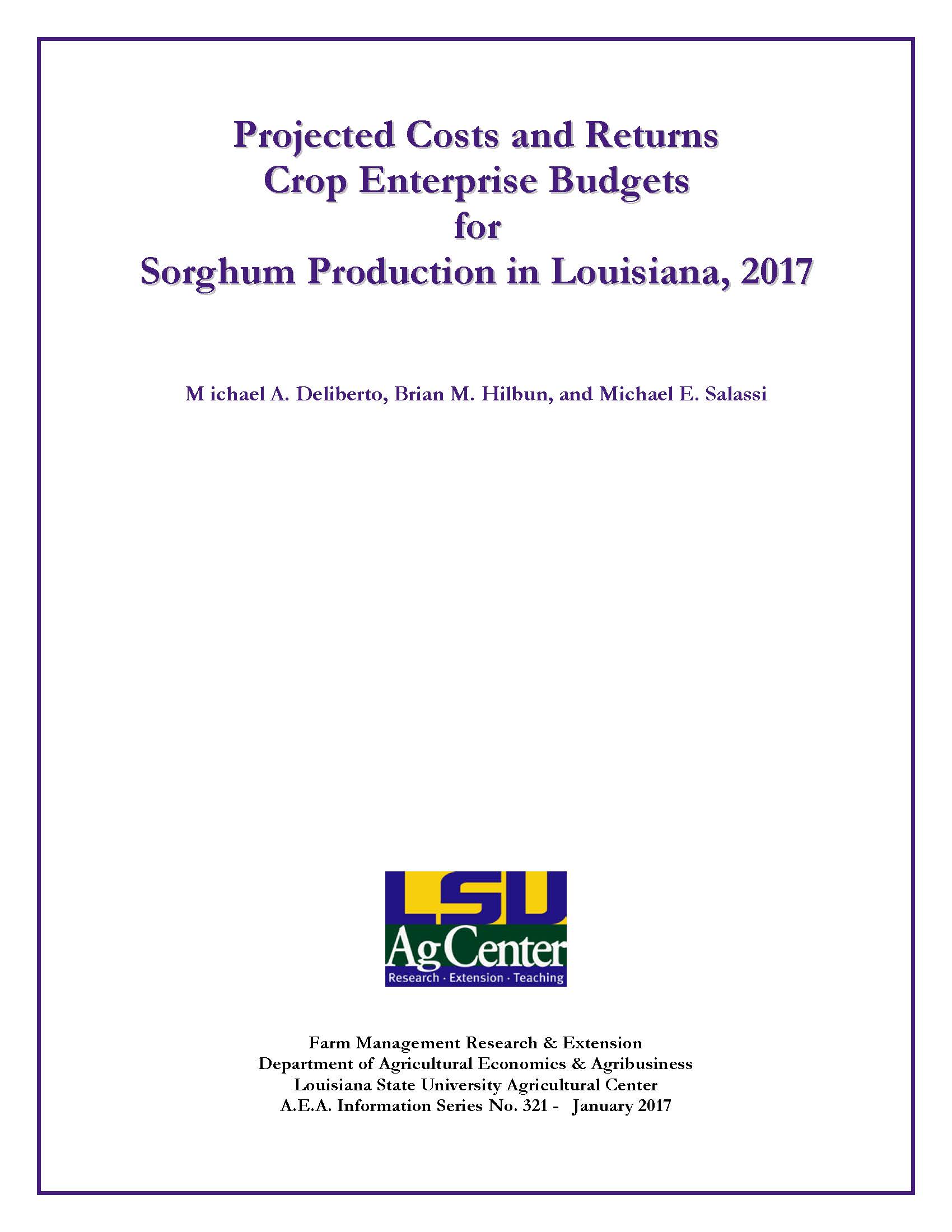 Projected Commodity Costs and Returns for Sorghum, 2017